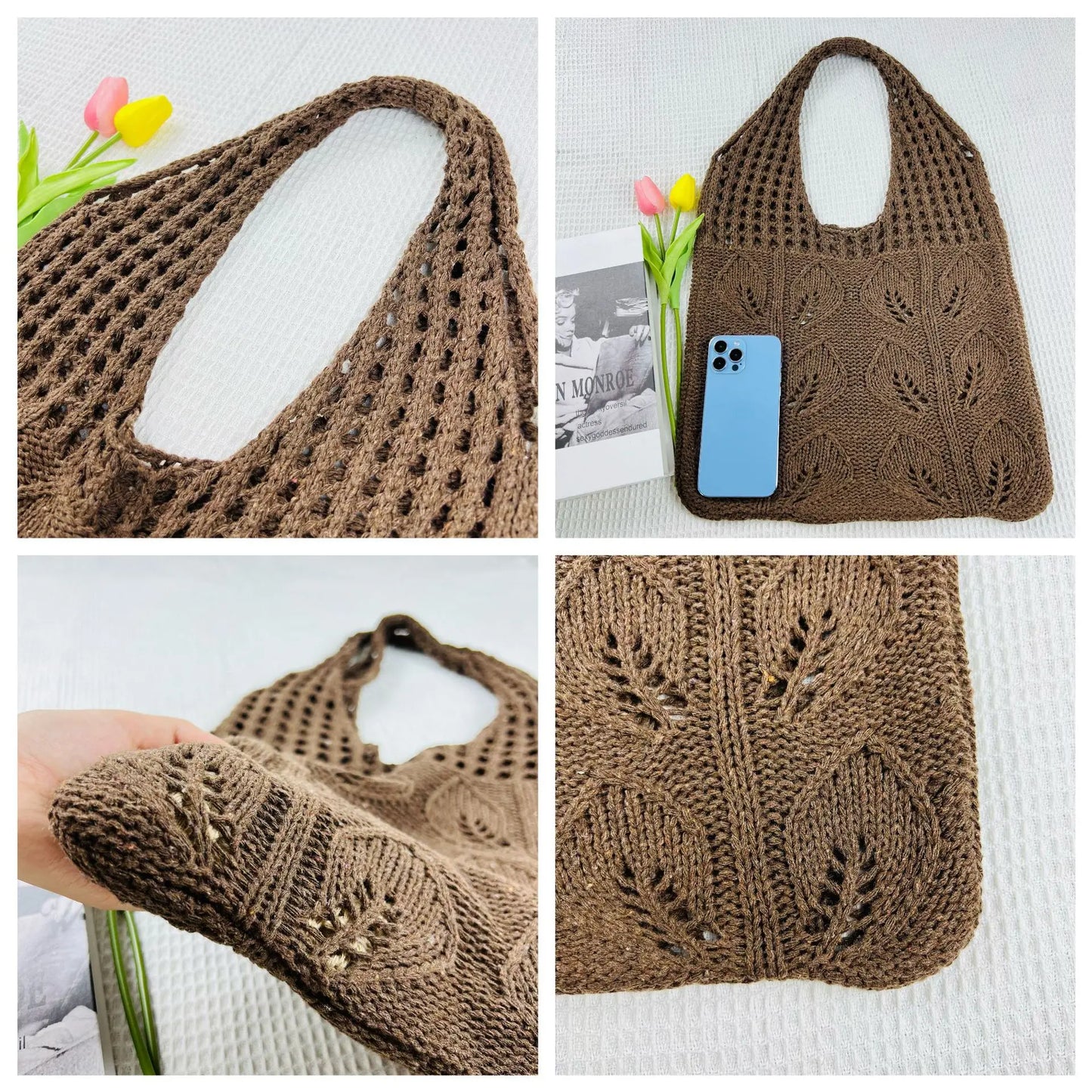 Knitted Handbags Beach Bags Lightweight Students Shoulder Casual Tote Female Style Shopping Woven Bags For Women Girls