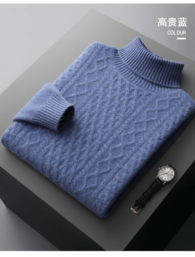 Autumn and winter new 100% wool cashmere sweater men's high neck thick jacquard bottoming shirt loose knit top warm pullover