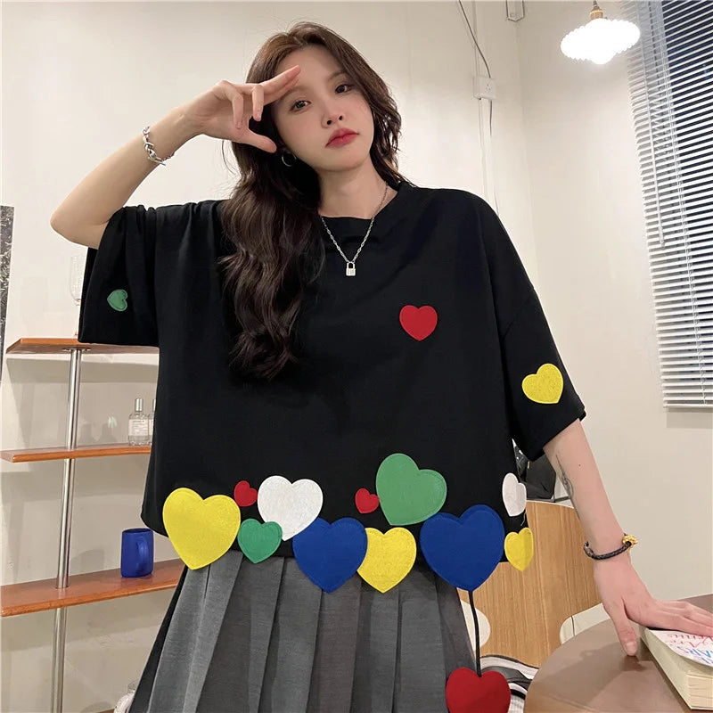 Summer Women Casual Loose Short T-shirt O-Neck Short-sleeved Colorful Love Heart Appliques Tshirt Teenagers Kawaii Tee Tops