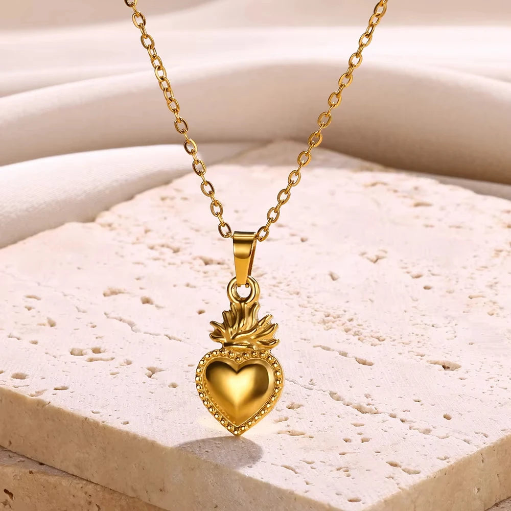 Punk Gold Color Heart Pendant Necklace for Women Stainless Steel OT Buckle Beaded Neck Chain Choker Y2K Jewelry Accessories