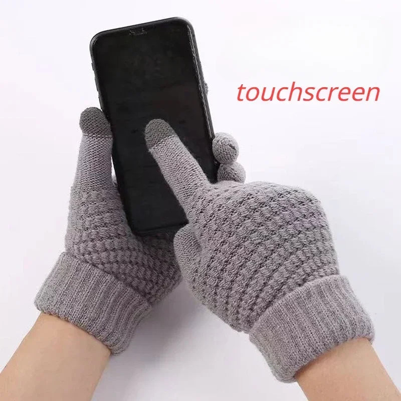 Women's Cashmere Wool Knitted Gloves Autumn Winter Thick Warm Gloves Plush Inside Solid Mittens for Touch Mobile Phone Tablet