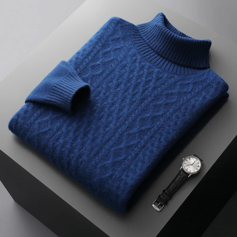 Autumn and winter new 100% wool cashmere sweater men's high neck thick jacquard bottoming shirt loose knit top warm pullover