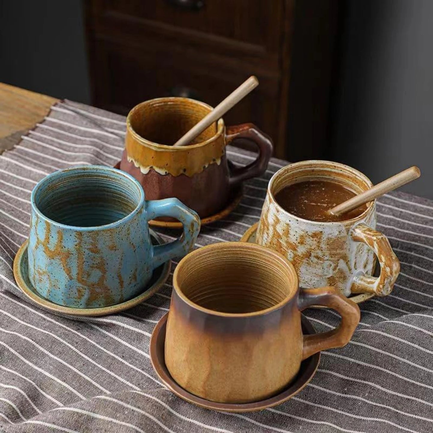 Set of 2 Unique Handmade Coarse Pottery Coffee Cups and Saucers with Spoon - Retro Ceramic Mugs - Creative Personality Tea Cups