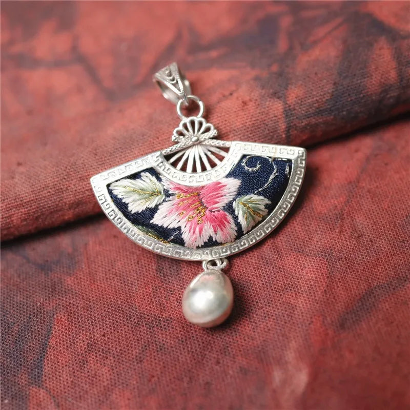 Vintage ethnic style embroidery, old embroidery, wax printing, fan-shaped silver pendant jewelry