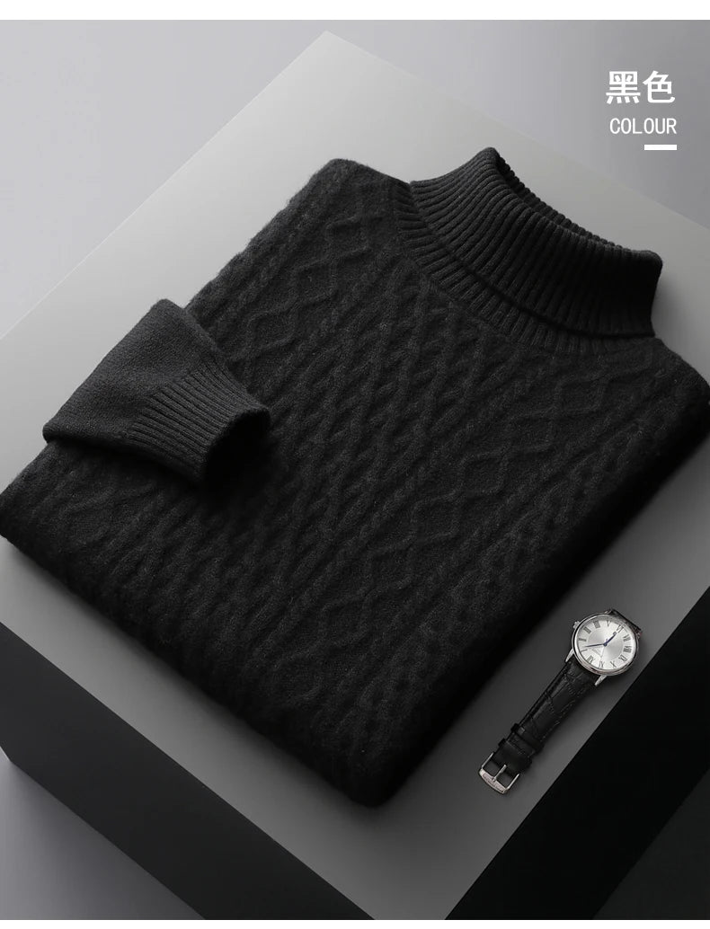 Autumn and winter new 100% wool cashmere sweater men's high neck thick jacquard bottoming shirt loose knit top warm pullover