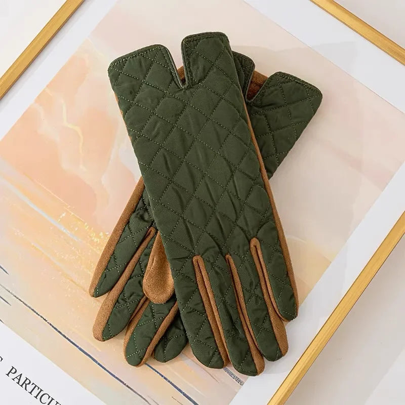 Women's Contrasting Suede Leather Plus Velvet Thicken Touch Screen Driving Warm Gloves For Sports Winter Outdoor Ski Coldproof