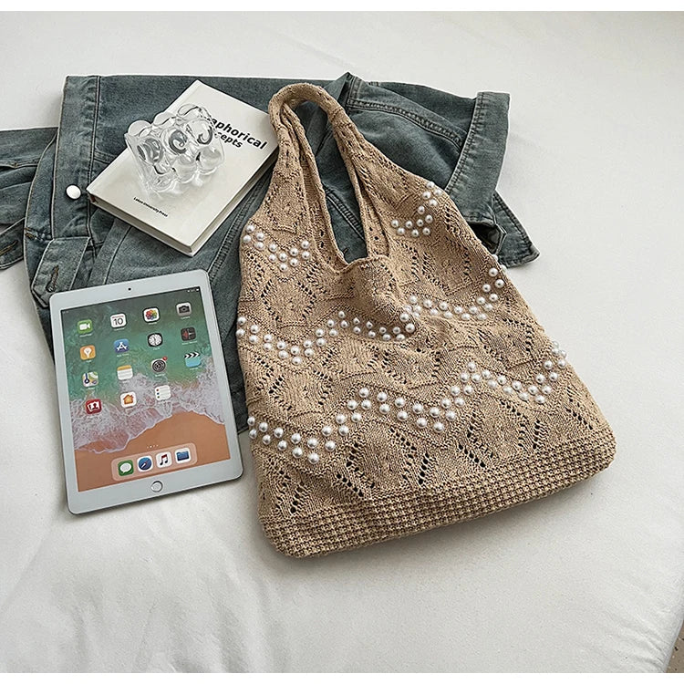 Hollow Out Large Capacity Knitting Shoulder Bags Pearl Unique Design Grace Sense of Luxury Hand Bags for Women 2024 Casual Tote