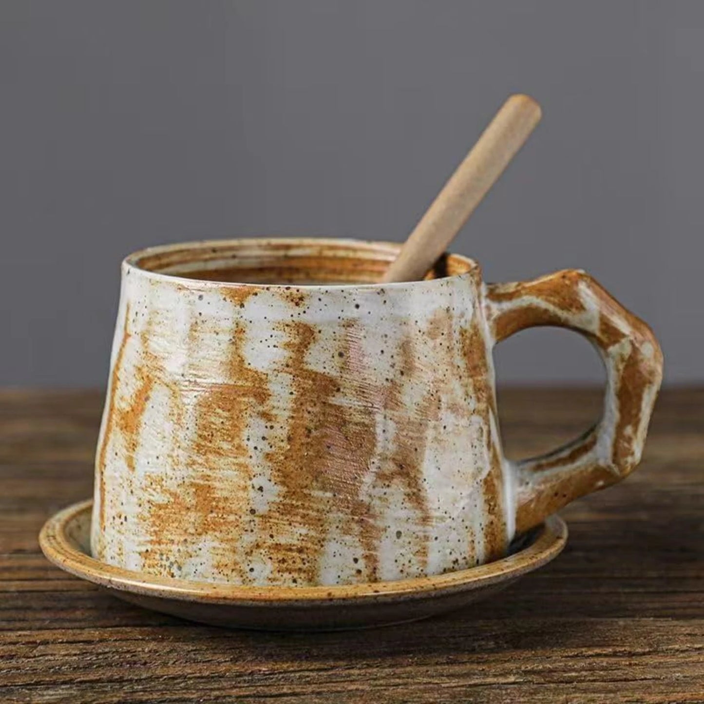 Set of 2 Unique Handmade Coarse Pottery Coffee Cups and Saucers with Spoon - Retro Ceramic Mugs - Creative Personality Tea Cups