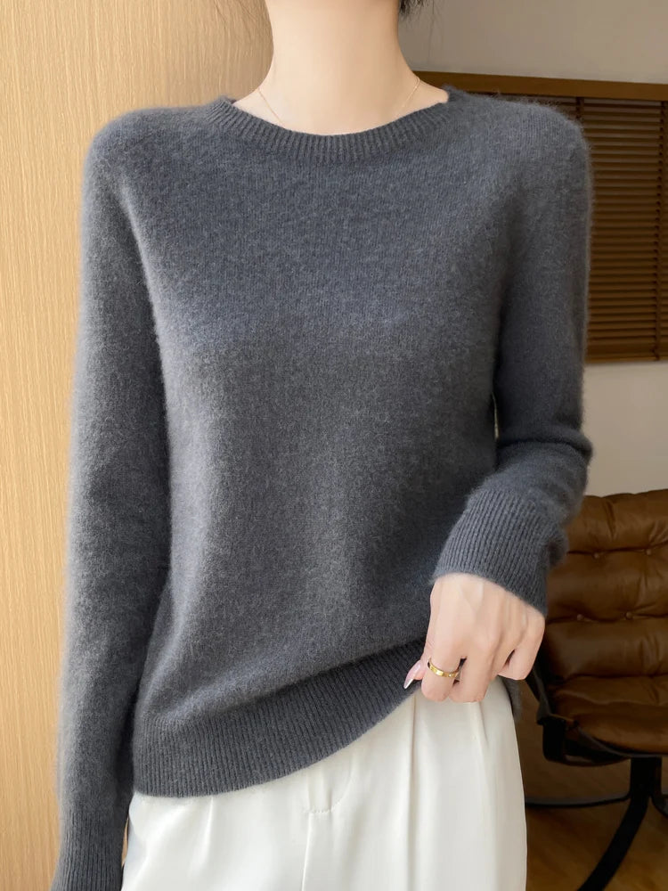 Autumn Winter Women Clothing O-Neck Pullover 100% Merino Wool Sweater New Fashion Cashmere Tops Bottoming Long Sleeve Knitwear