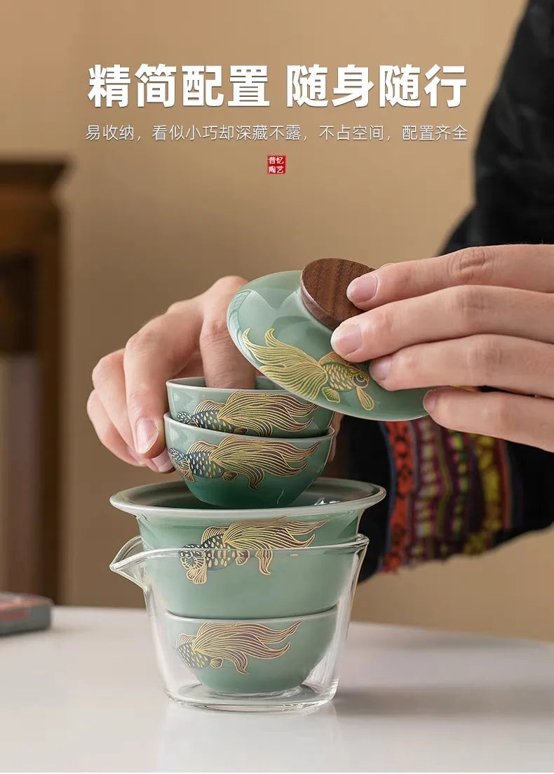 Chinese Style Travel Tea Set, Celadon Cover Bowl Small Set, One Pot, Three Cups, Fast Customer Cup, Portable Kung Fu Tea Maker