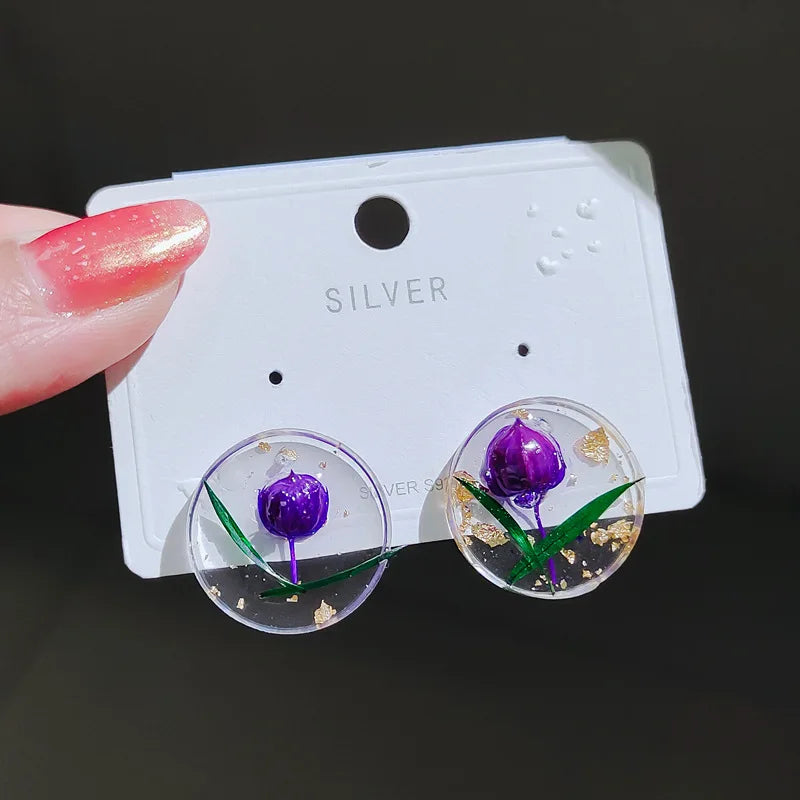 Unique Dried Flower Earrings Women Fashion Colorful Real Floral Earrings Creative Resin Epoxy Immortal Flower Earrings Jewelry