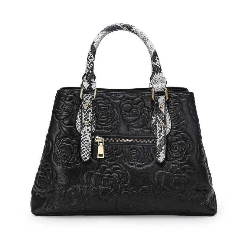 Aidrani  Women's luxury leather handbag, large capacity black, with floral and snake pattern design,