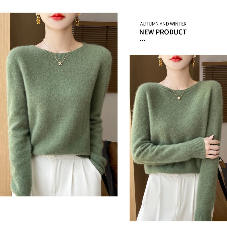 Autumn Winter Women Clothing O-Neck Pullover 100% Merino Wool Sweater New Fashion Cashmere Tops Bottoming Long Sleeve Knitwear