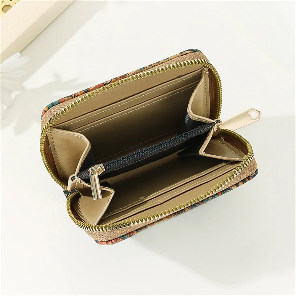 Retro Printed Women's Short Wallet Zipper Cork Leather Card Bag Multi functional Card Slot Women's Card Case Money Pouch Clutch