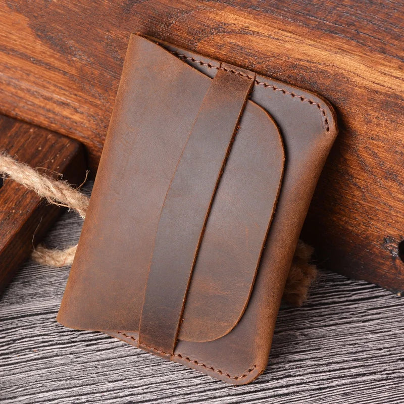 Simple Genuine Leather Card Holder Creative Retro Casual Mini Purse Wallet Crazy Horse Leather Small Business Cards Storage Case