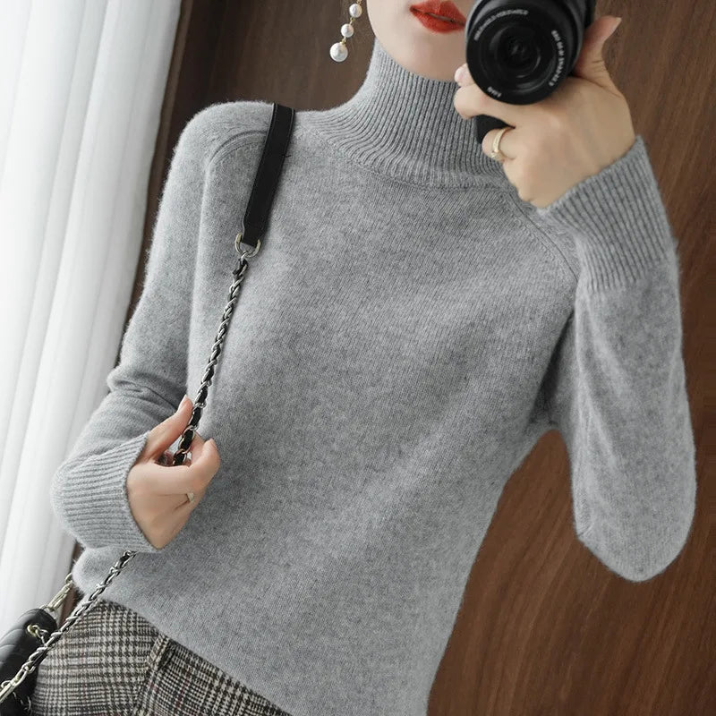 Women Autumn Winter Turtleneck Sweater Elegant Slim Solid Ribbed Knitted Cashmere Jumpers Female Long Sleeve Pullover Knitwear