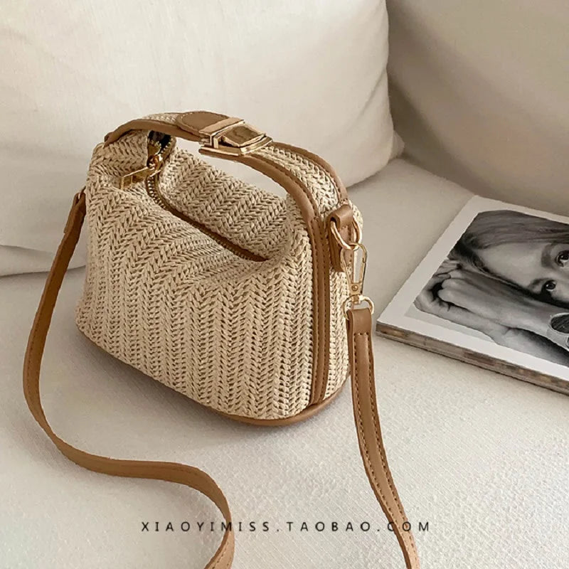 Woven Beige Grass Crossbody Bag Boho-chic Handbag Crochet Straw Shoulder Bag Summer Beach Bag Women Makeup Bag Travel Bag