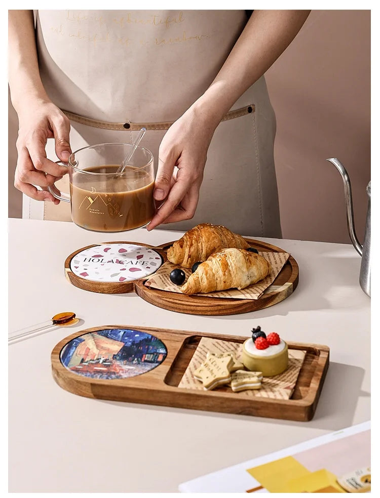 Bread cutlery wooden tray retro pastry dessert afternoon tea snack  tea tray suitable for home kitchen decoration accessories