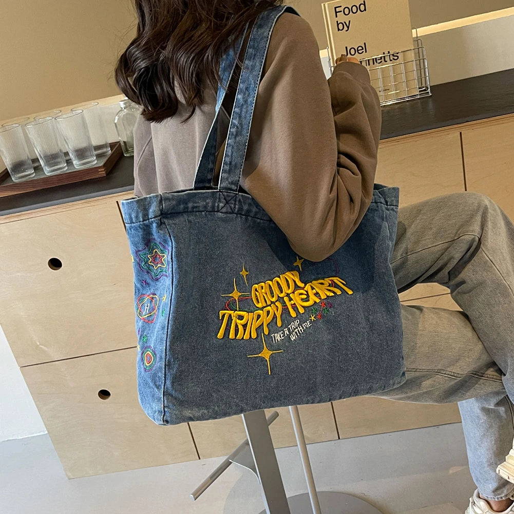 Denim Shoulder Bag Canvas Embroidered Letters Handbag Casual Travel Shopper Retro Hobo Bag Large Capacity Shoulder Underarm Bag Valentines Gift