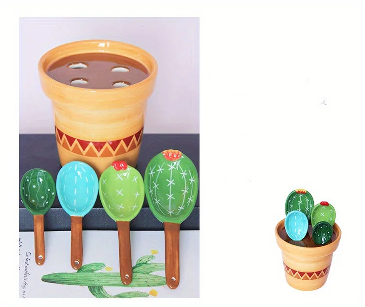 1set Ceramic Cactus Measuring Spoons Set Adorable Functional Kitchen Utensils with Holder Cup Unique Home Ornament Measuring Cup