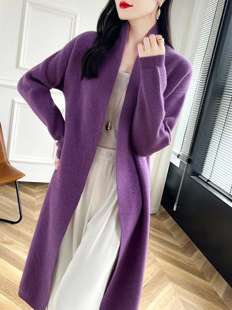 2024 Women Long Cardigan Cashmere Sweater Spring Autumn Winter Office Lady Loose Coat 100% Merino Wool Knitwear Korean Fashion