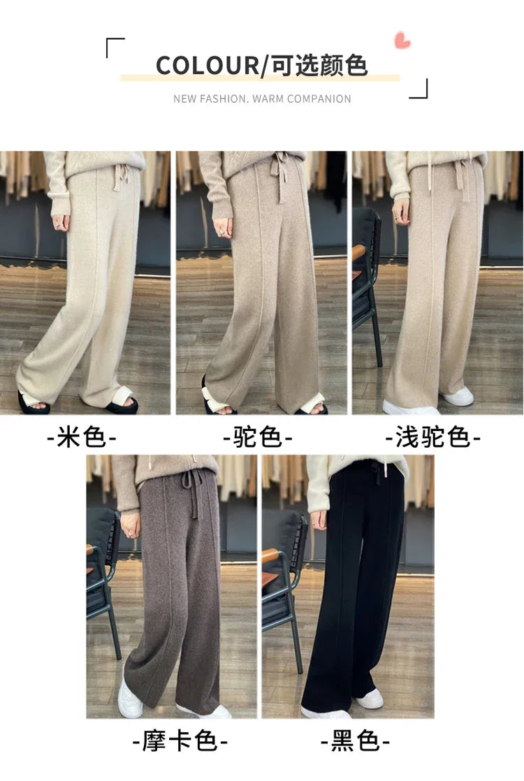 Wool Knitted Wide Leg Pants Women Autumn Winter Thickened High Waist Drip Feeling Cashmere Pants Coffee Straight Casual Pants