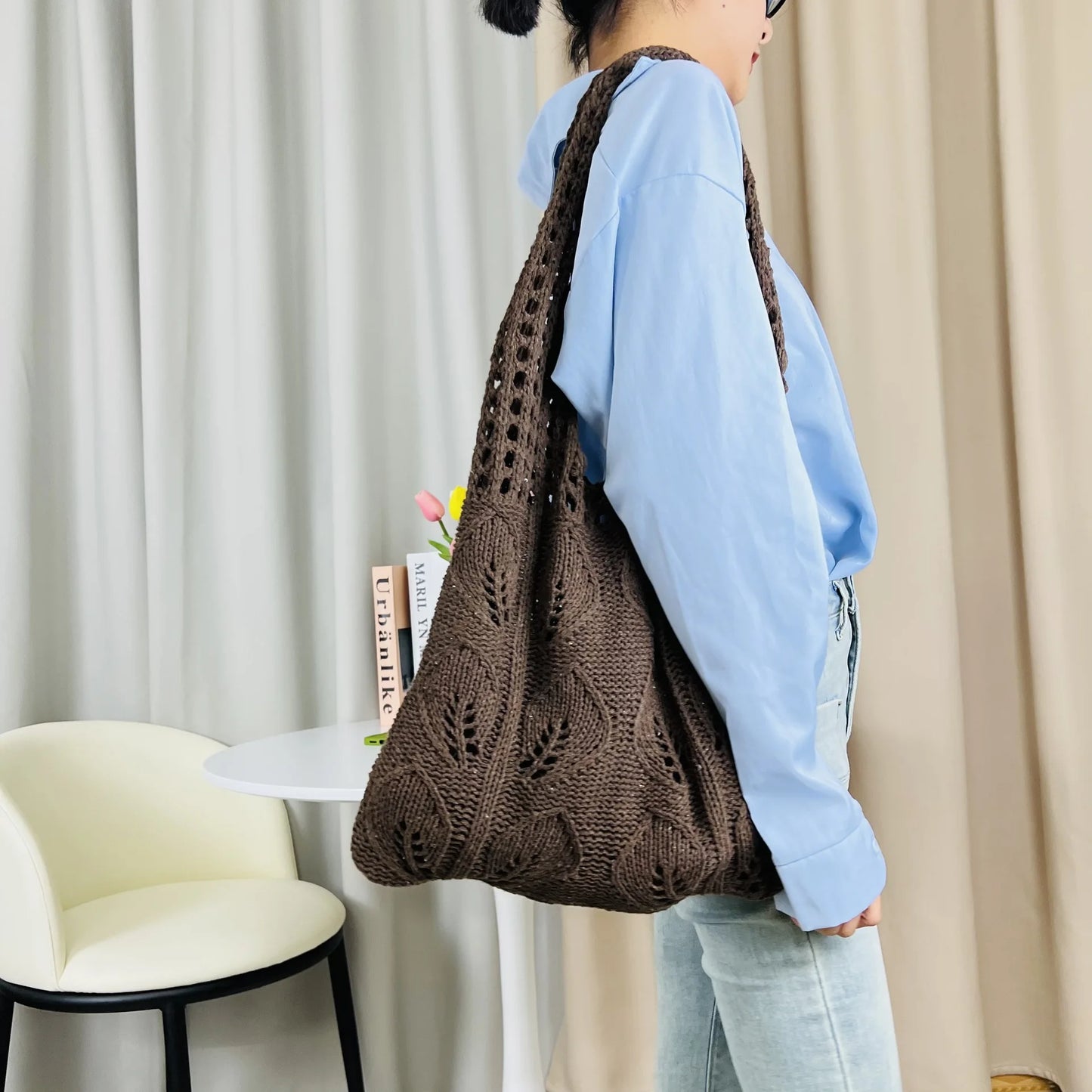 Knitted Handbags Beach Bags Lightweight Students Shoulder Casual Tote Female Style Shopping Woven Bags For Women Girls