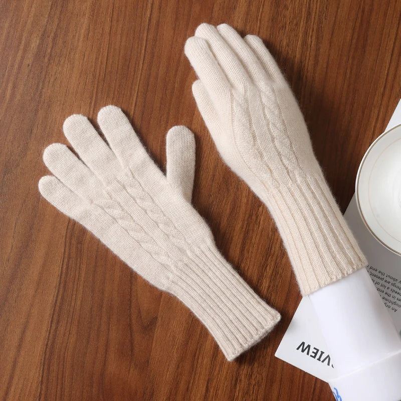 Women Wool Cashmere Gloves Cable Knit Touchscreen Finger Hole Winter Autumn Warm Wrist Length Classic Gloves Female Mitten