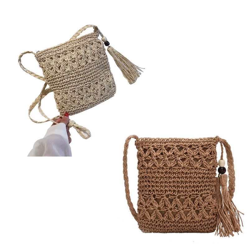 Women Beach Woven Straw Shoulder Messenger Bag with Tassel Boho Hollow Out Crochet Crossbody Handbag Macrame Purse