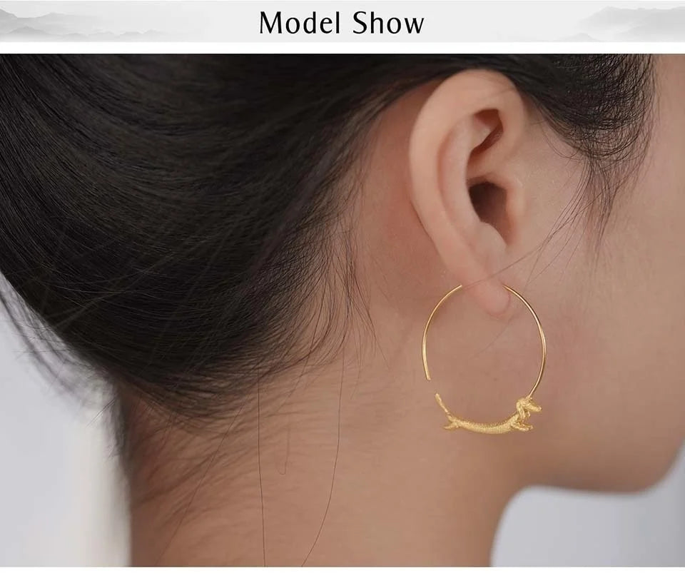 Lotus Fun 18K Gold Female Flying Dachshund Dog Big Round Hoop Earrings 2021 Trend New Real 925 Sterling Silver Women Jewelry