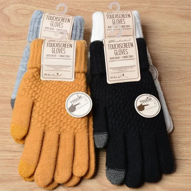 Women's Cashmere Wool Knitted Gloves Autumn Winter Thick Warm Gloves Plush Inside Solid Mittens for Touch Mobile Phone Tablet