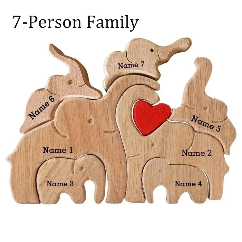 Personalized Elephant Family Wooden Puzzle Love Animal Wood Puzzle Custom Family Name Sculpture Free Engraving Decor Gifts Valentines Gift