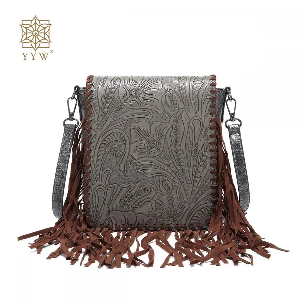 Small Vegan Leather Cowhide Women's Crossbody Handbag with Tassel Wrangler West Fringe Purse for Women Shoulder Bag Tooled Aztec