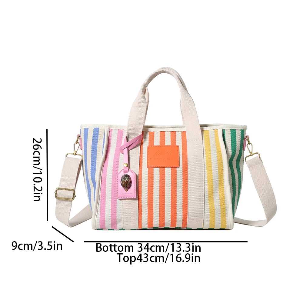 Summer Fashion Beach Bag Colorful Stripe Canvas Bag Handheld Tote Bag Women's Leisure Vacation One Shoulder Crossbody Bag-ll