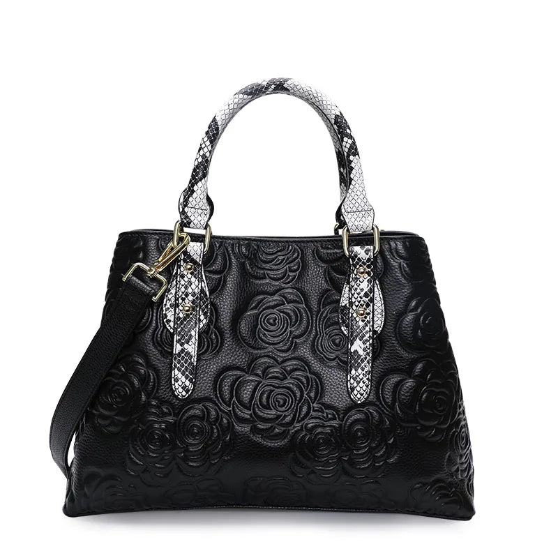 Aidrani  Women's luxury leather handbag, large capacity black, with floral and snake pattern design,