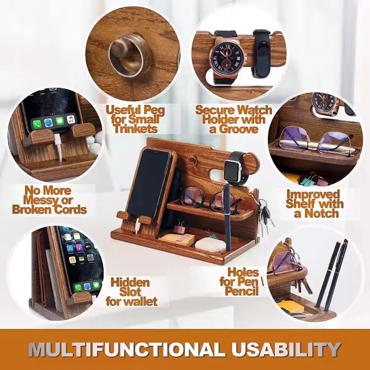 Solid Wood Phone Stand Desktop Creative Storage Rack Multifunctional Hanging Watch Glasses Key Accessories -1pcs