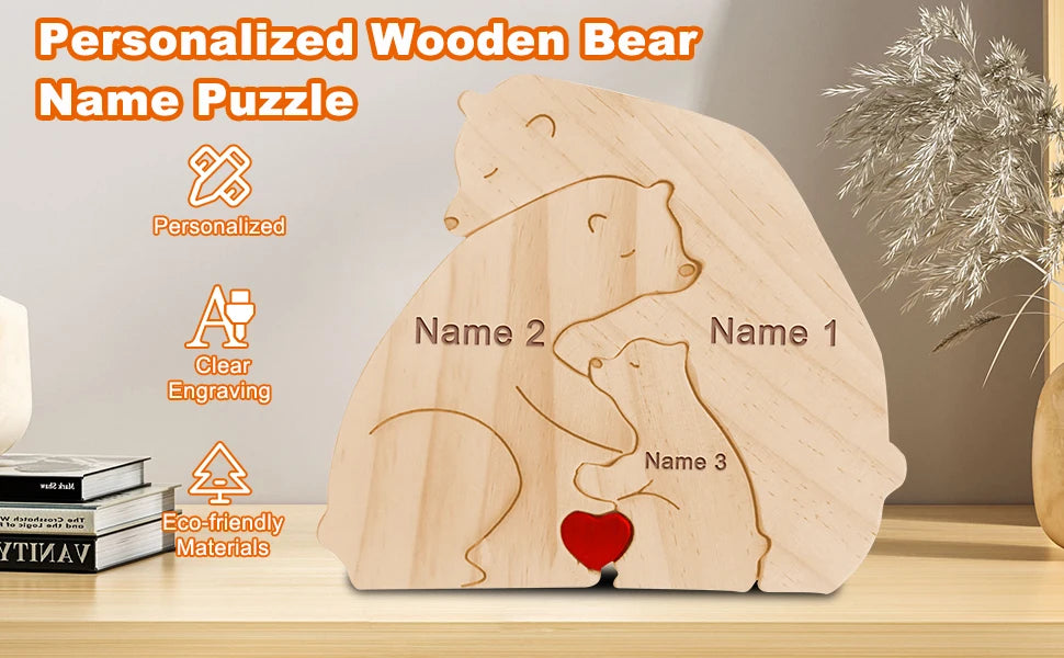 Name Personalized Custom Mother's Birthday Gift Family Names Sculpture Wood Puzzle Bear Family Heart Puzzles Home Decoration Valentines Gift