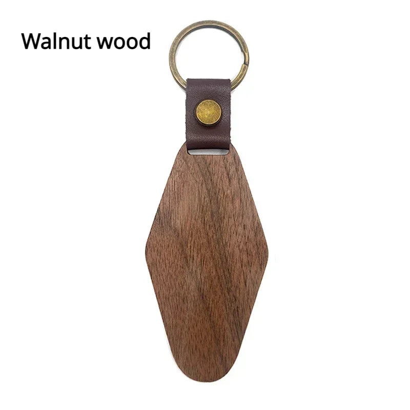 Customized PU Leather Wooden Keychain Blank DIY Wood Keyring Square Engraved Car Key Chains Retro for Friends Lovers Family Gift Valentines Gift