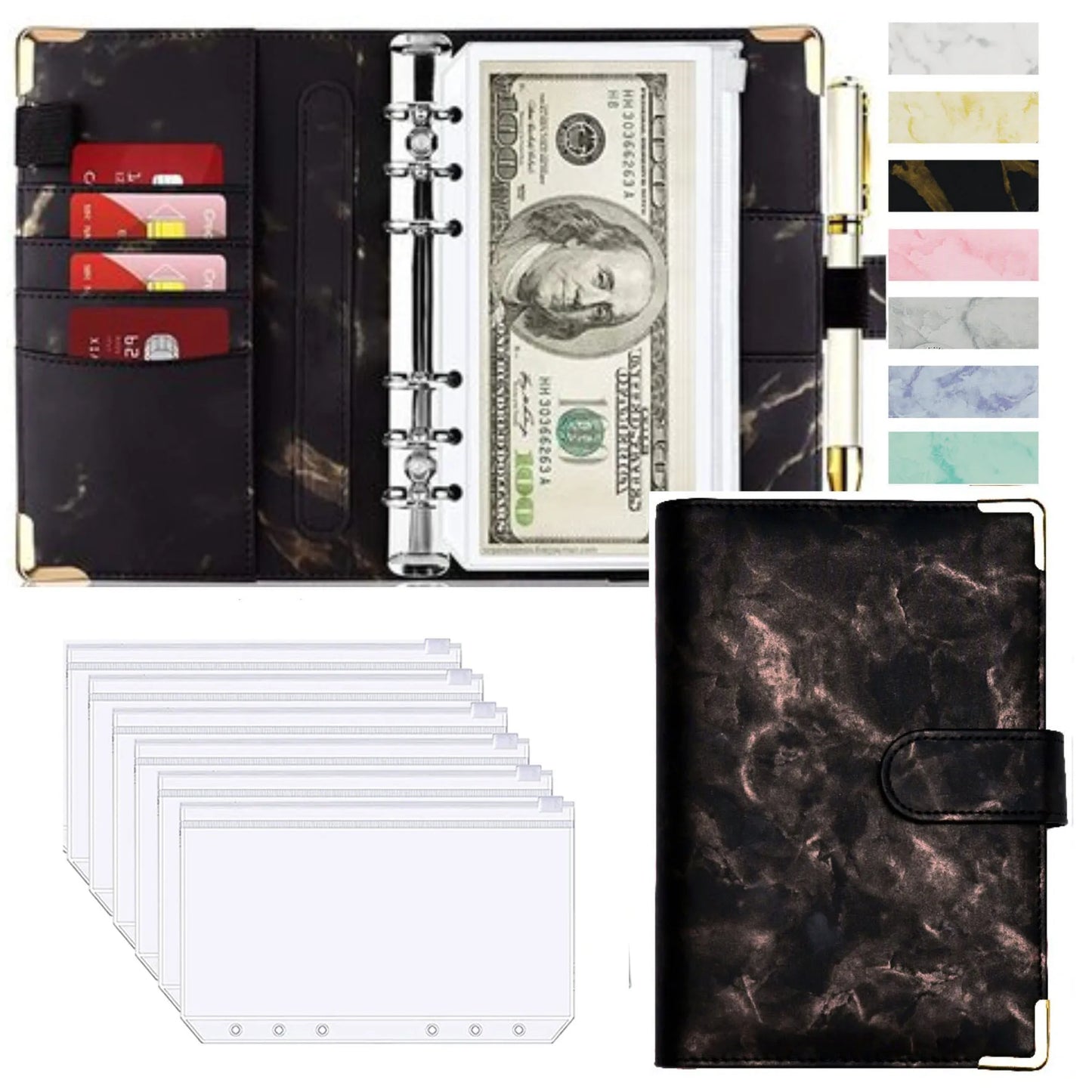 A6 Money Saving Organizer PU Leather Budget Binder Marble Notebook Budgets Planner 2023 Envelope Office School Supplies Valentines Gift