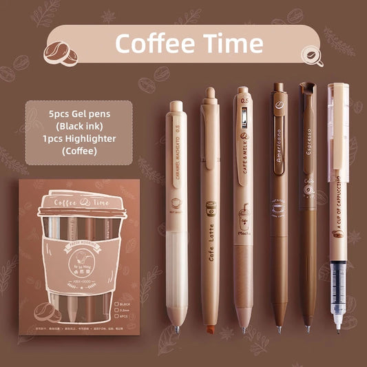 6pcs Coffee Time Gel Pens Highlighter Set 0.5mm Ballpoint Black Color Ink & Coffee Marker for Writing A7439