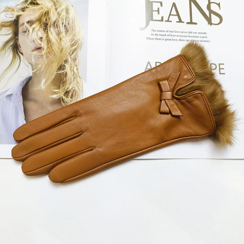 Women's sheepskin bow gloves with warm velvet lining and genuine leather driving gloves