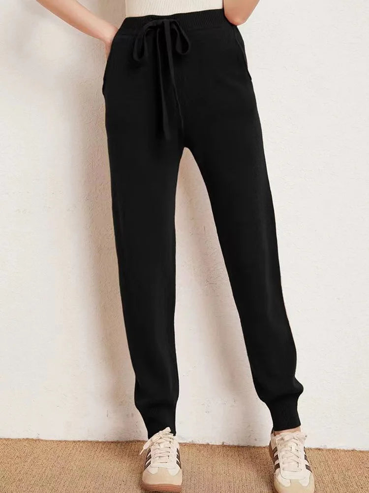 Women's 100% Wool Knitted Trousers, Casual Sports Sweatpants, Korean Version, Small Leg Pants, Female Cashmere Fashion Pants