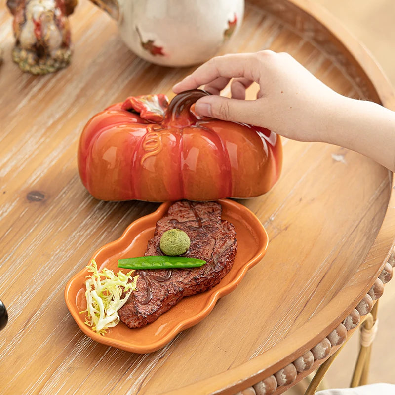 Cute and Novel Pumpkin with Lid Ceramic Dining Plate Snack Plate Kitchen Utensils Restaurant Utensils New Year's Festival Gifts