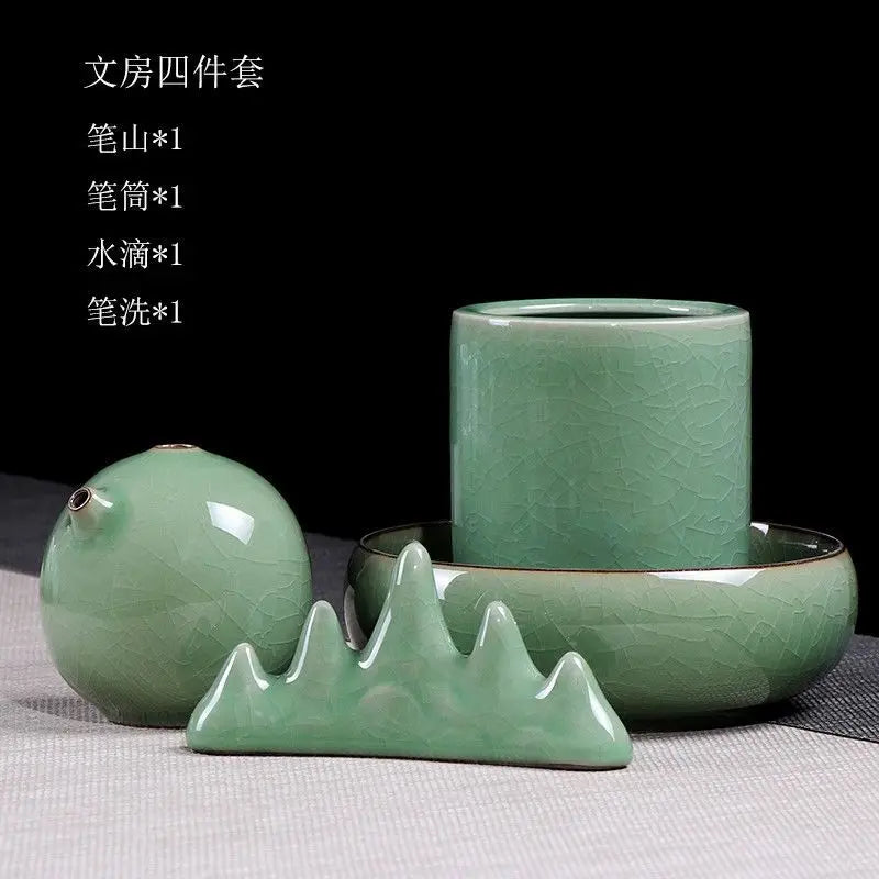 Royal Ming Celadon Study Four Treasures Set Calligraphy Supplies Pen Holder Paperweight Wash Adult