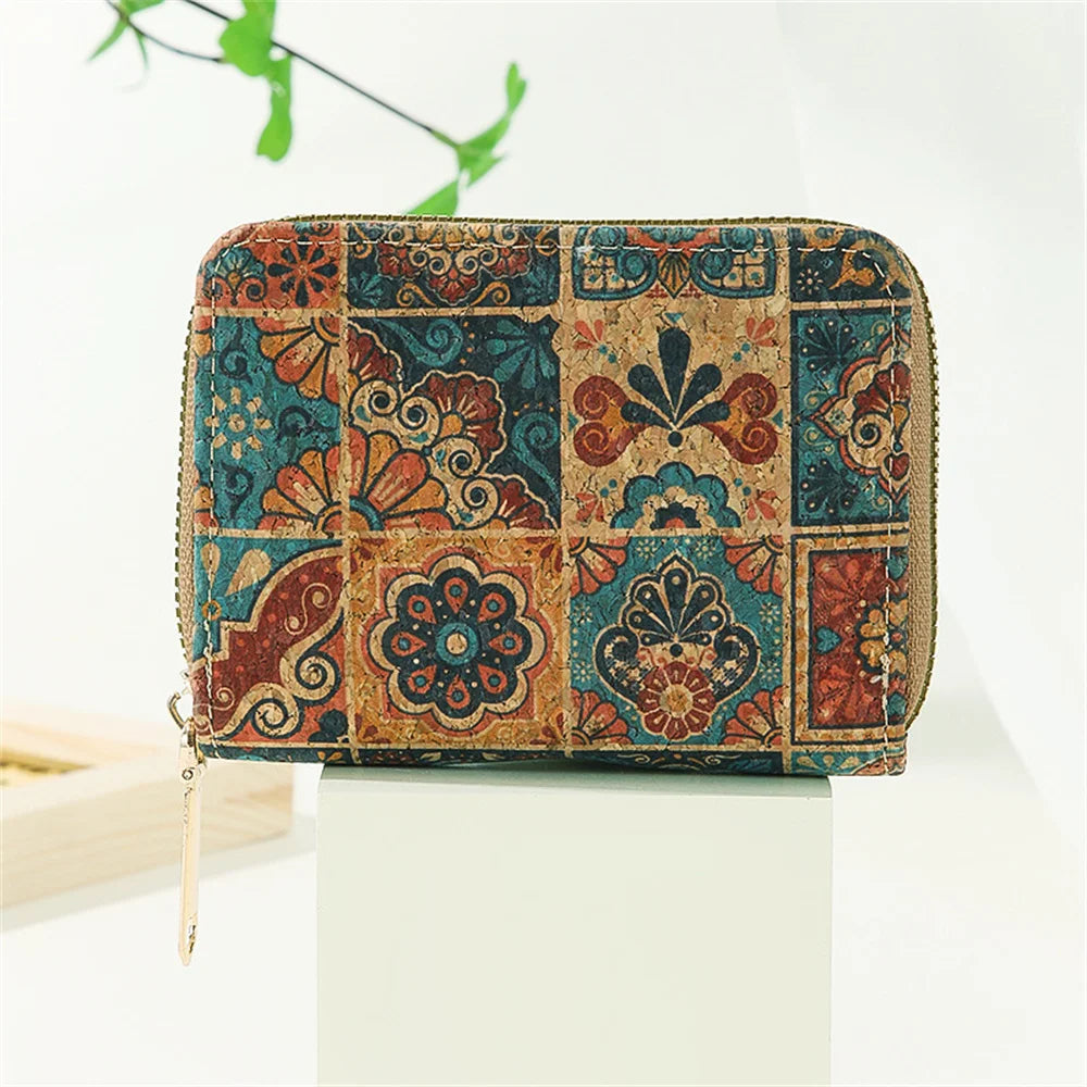 Retro Printed Women's Short Wallet Zipper Cork Leather Card Bag Multi functional Card Slot Women's Card Case Money Pouch Clutch