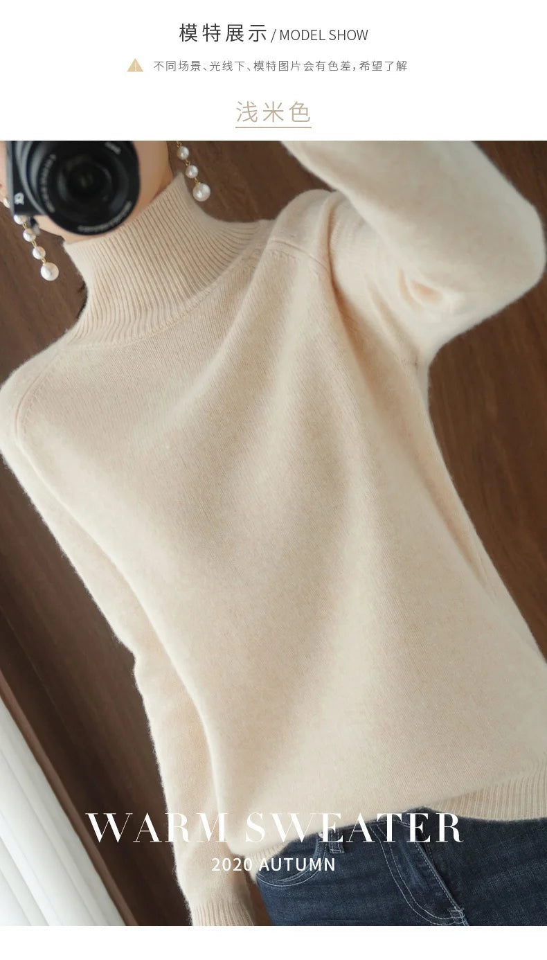 Fashion Basic Autumn Winter  Merino Wool Sweater Mock Neck Cashmere Pullover  Solid Color Soft Long Sleeve Clothing Tops