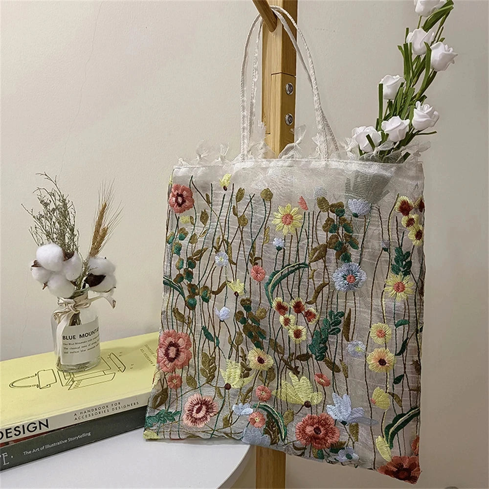 1Pc Fashion Tote Summer New Style Mesh Full Embroidery Flowers Clear Shoulder Bag Romantic Handbag Women's Eco Shopping Bag