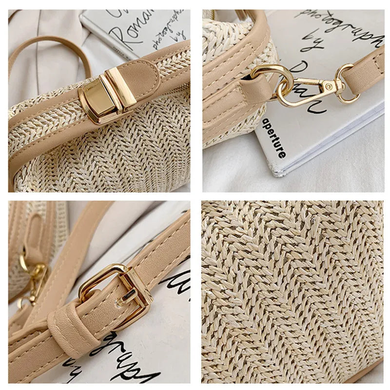 Woven Beige Grass Crossbody Bag Boho-chic Handbag Crochet Straw Shoulder Bag Summer Beach Bag Women Makeup Bag Travel Bag