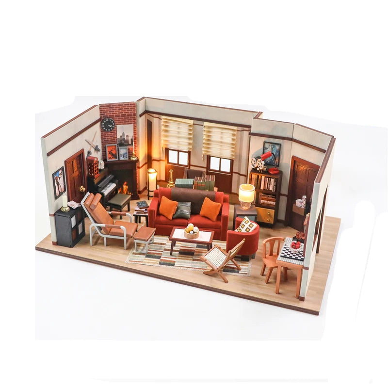 DIY Wooden Joey‘s Apartment Casa Miniature Building Kits Bookend With Lights Assembled Bookshelf Home Decoration Friends Gifts