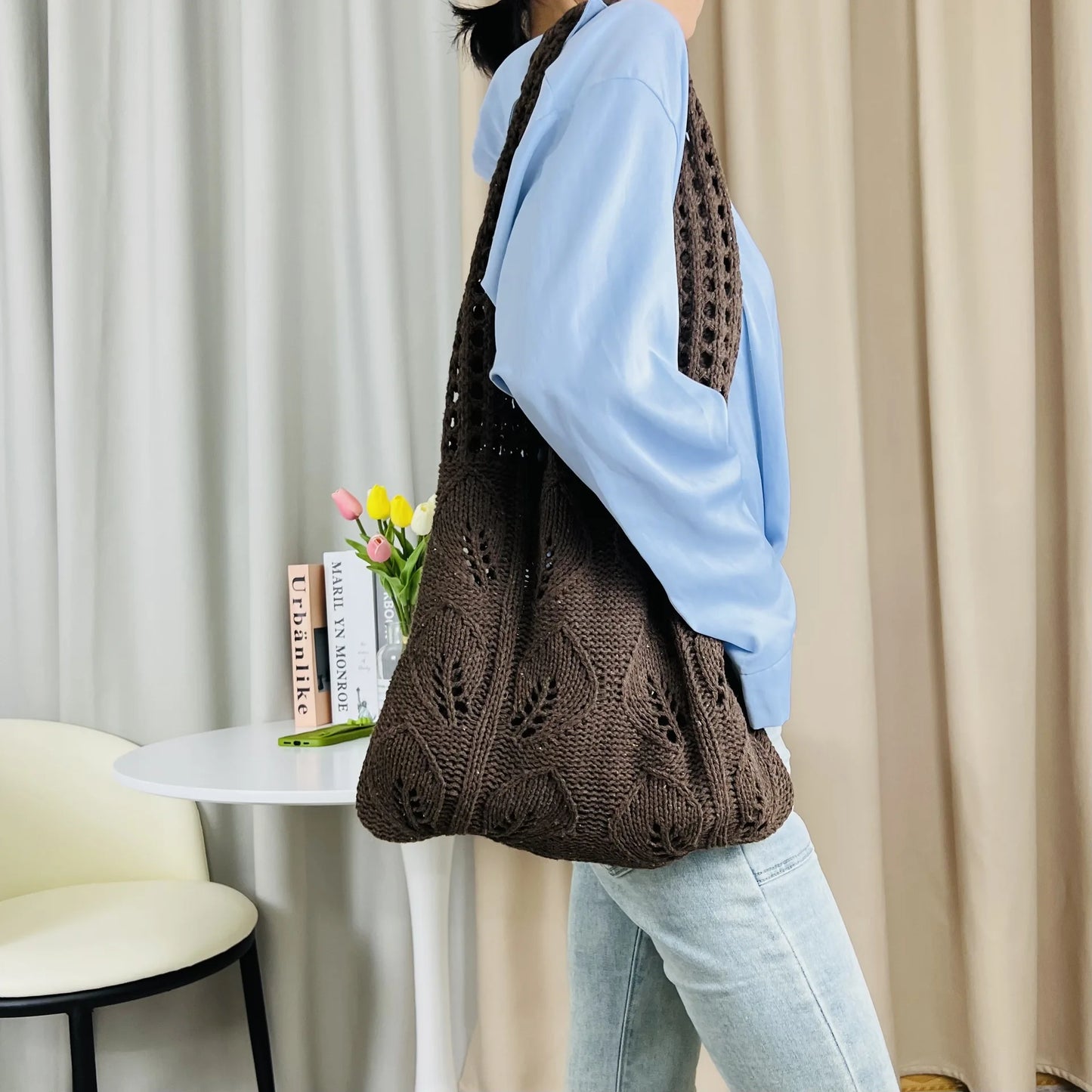 Knitted Handbags Beach Bags Lightweight Students Shoulder Casual Tote Female Style Shopping Woven Bags For Women Girls